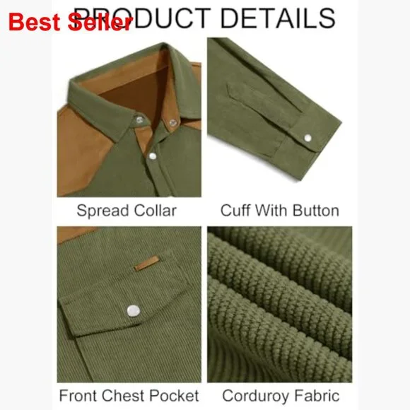 Corduroy Shirt Jacket Long Sleeve Button Down Western Casual - Picture 5 of 7